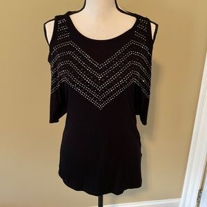 Black cold shoulder top with black and silver bling. NWOT. Never worn. Size S